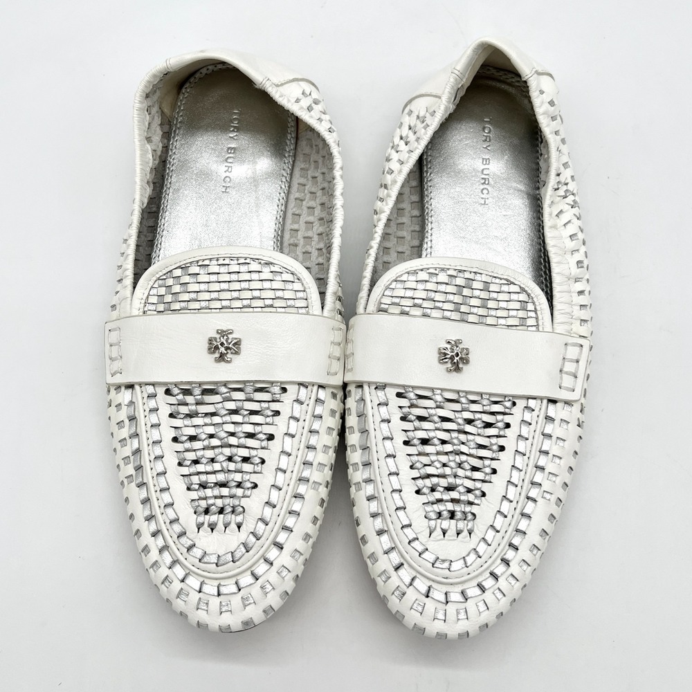 Tory Burch Women's Size 7 Woven White w Logo Leather Ballet Loafer New $378 MSRP
